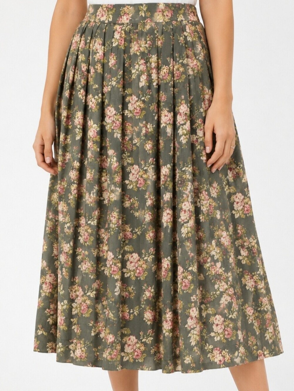 Ralph Lauren Country Vtg Khaki Green Midi Skirt Floral Prairie Cottagecore Sz 14